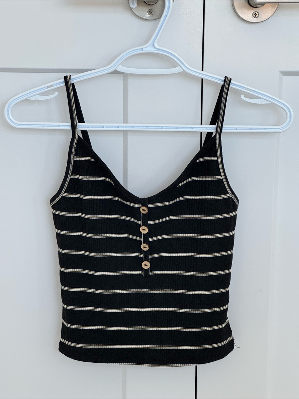 Revamped Black Striped Ribbed Camisole with Button Front